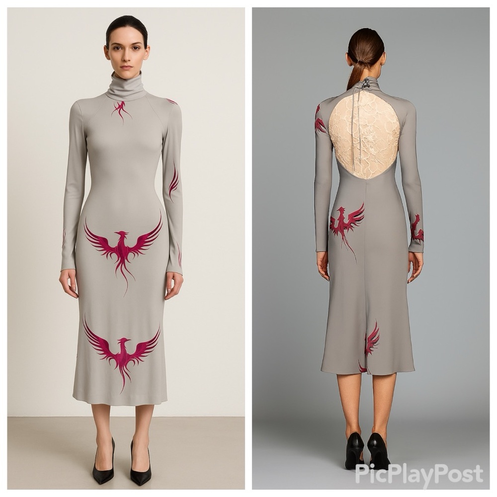 Samantha Treacy Vintage Gray & Pink Silk Blend Backless Firebird Dress Sz. 8 NWT